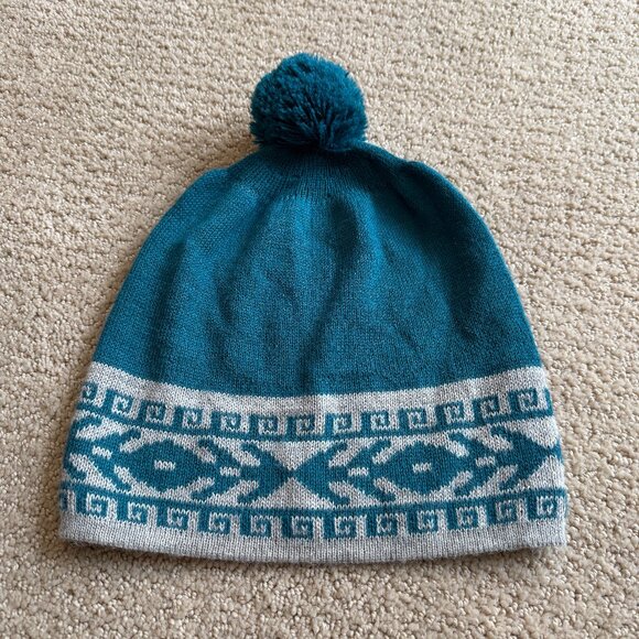 Baby Alpaca Pompom Beanie Hat Peru Teal Gray Warm ENMA Peruvian A Collection - Picture 1 of 8